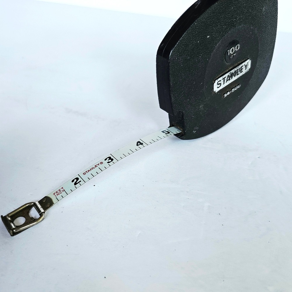 Vintage Stanley Tape Measure 34-500 100 FT Steel Long Tape Manual Crank Tool